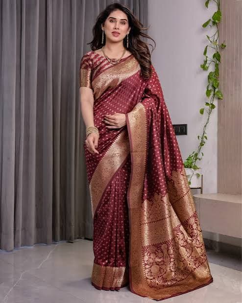 Model in a maroon banarasi silk saree